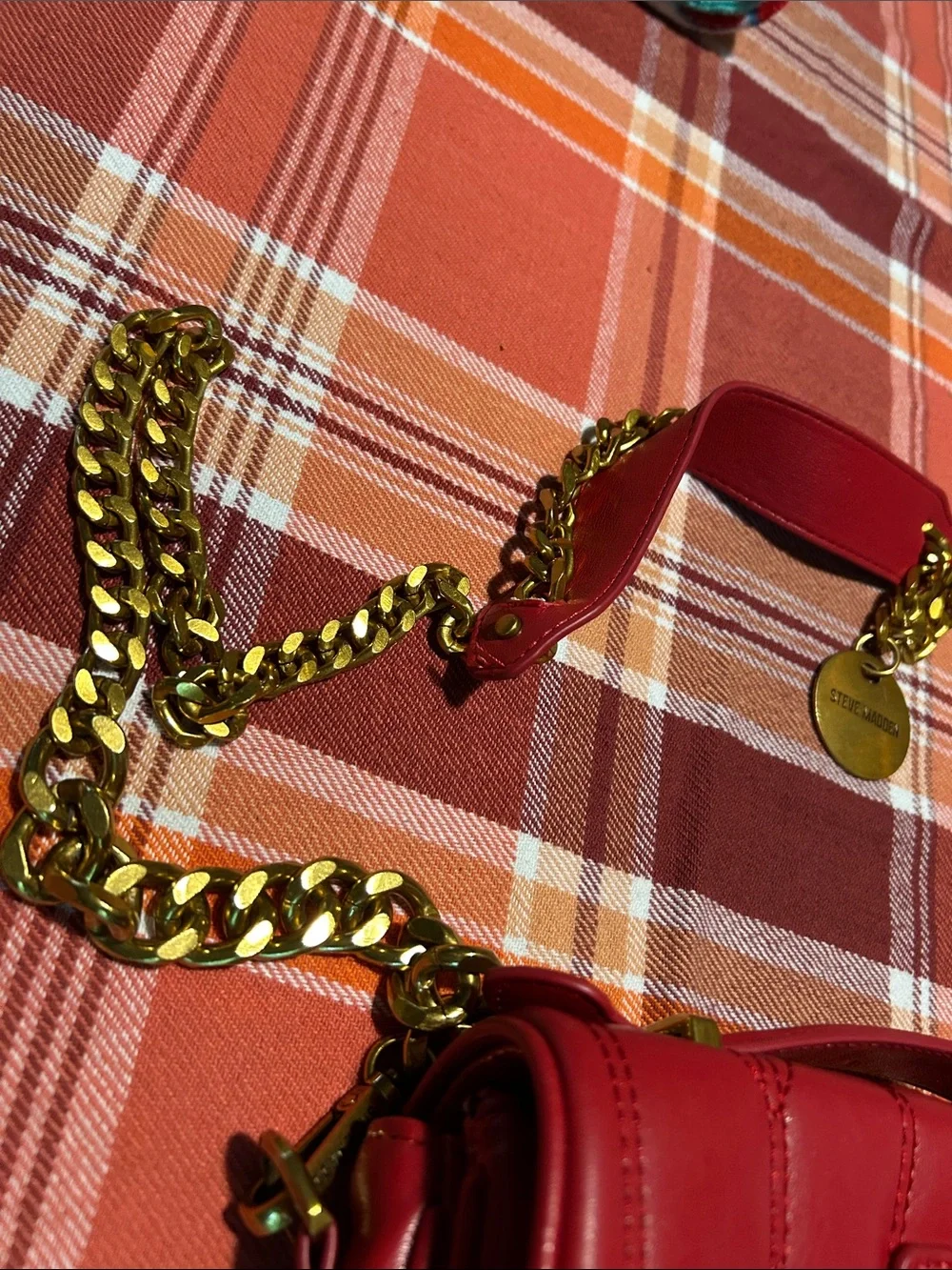 Steve Madden Red Quilted Crossbody Bag with Gold Chain Strap